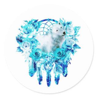 Bear Dreamcatcher Teal Ice Blue Floral Classic Round Sticker