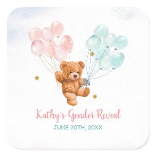 Bear Gender Reveal Pink and Blue Gold Star Square Sticker