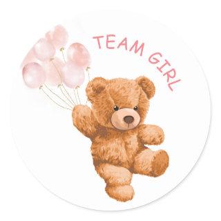 Bear Pink Balloon TEAM Girl Gender Reveal Game Classic Round Sticker