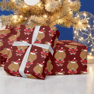 Bear Santa Hat Burgundy Christmas Holiday Wrapping