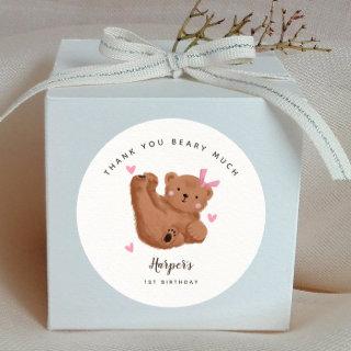 Bear Thank You Beary Much Girl Birthday Party  Classic Round Sticker