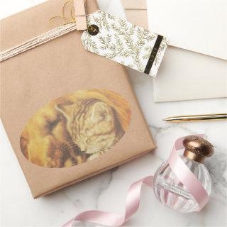 Beautiful Amazing Cat and Dog Cuddling Art Print Oval Sticker