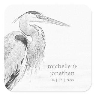 Beautiful Blue Heron Water Bird Sketch Wedding Square Sticker
