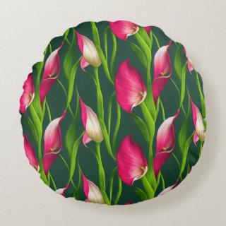 Beautiful Bold Pink & Green Calla Lilly Florals  Round Pillow