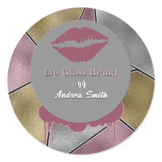 Beautiful Classy Lip Gloss Logo Cosmetic Brand   Classic Round Sticker