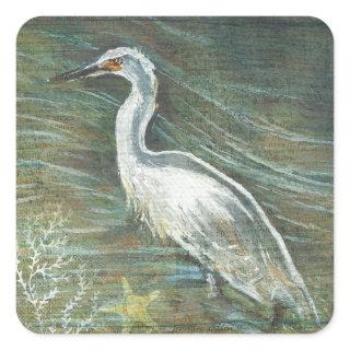 Beautiful Egret Shorebird Wading In Water Art Square Sticker