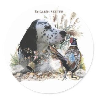 Beautiful English Setter with Pheasant ,  Art  Classic Round Sticker