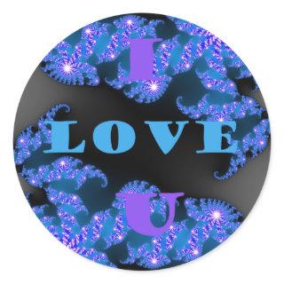 Beautiful Galactic Blue Love Text Pattern Design, Classic Round Sticker