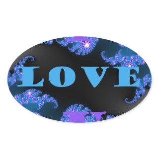 Beautiful Galactic Blue Love Text Pattern Design, Oval Sticker