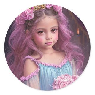 Beautiful Girl with Pink Flowers in her Hair Classic Round Sticker