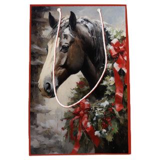 Beautiful Horse with Winter Wreath Christmas Medium Gift Bag
