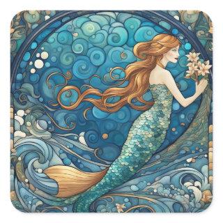 Beautiful Mermaid Art Nouveau Art Deco Style Blue Square Sticker