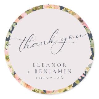 Beautiful Navy Blue Floral Wedding Thank You Classic Round Sticker