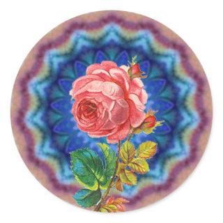 BEAUTIFUL PINK ROSE IN BLUE PSYCHEDELIC CIRCLES CLASSIC ROUND STICKER
