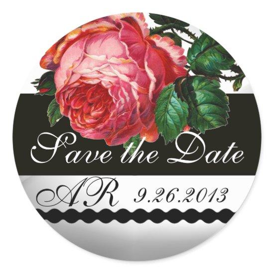 BEAUTIFUL PINK ROSE Save The Date Monogram Classic Round Sticker