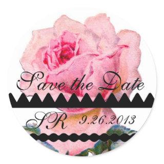 BEAUTIFUL PINK ROSE Save The Date Monogram Classic Round Sticker