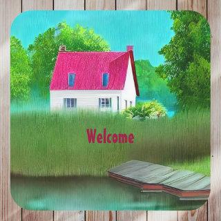 Beautiful Red-Roofed Cabin by the Lake Welcome Square Sticker