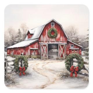 Beautiful Snowy Winter Rustic Red Barn Christmas Square Sticker