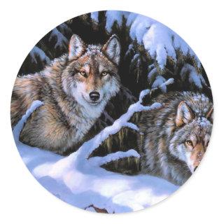 Beautiful Two Wolves Paintings Classic Round Sticker