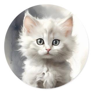 Beautiful White Fluffy Kitten Portrait  Classic Round Sticker