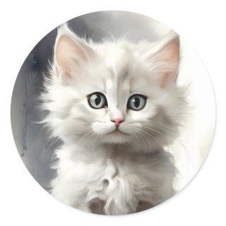 Beautiful White Fluffy Kitten Portrait  Classic Round Sticker