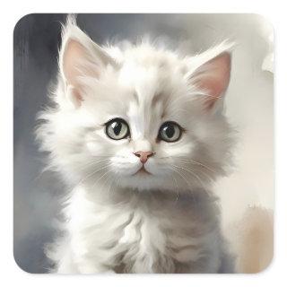 Beautiful White Fluffy Kitten Portrait  Square Sticker