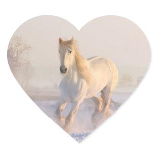 Beautiful White Horse Galloping in the Snow Heart Sticker