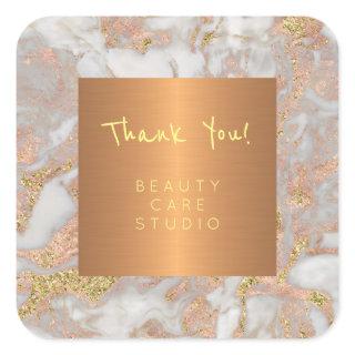 Beauty salon rose gold grey marble thank you square sticker