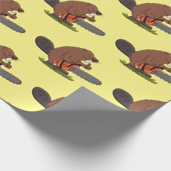 Beaver with chainsaw funny cartoon illustration