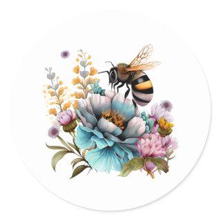 Bee and Flowers Classic Round Sticker