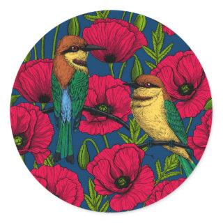 Bee eaters and poppies classic round sticker