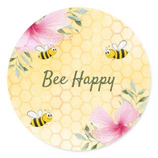 Bee Happy bumble bees honeycomb summer florals Classic Round Sticker