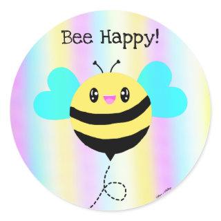 Bee Happy! Cute Kawaii Pastel Rainbow Stripes Classic Round Sticker