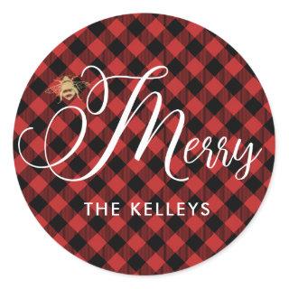 Bee Merry, Red Buffalo Check Round Gift Sticker
