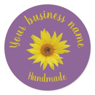 Bee on yellow sunflower purple handmade script cla classic round sticker