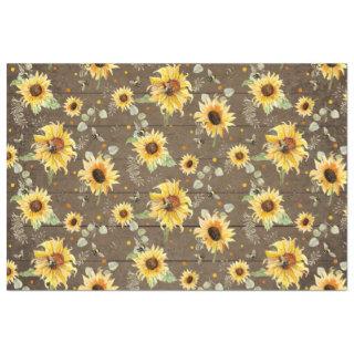 Bee w Sunflower Floral Rustic Dark Wood Decoupage Tissue Paper