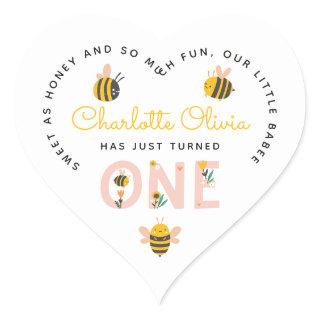 Bee Yellow & Pink Floral ONE Baby's 1st Birthday Heart Sticker