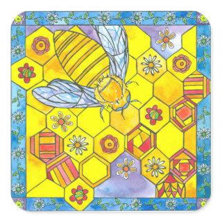 Beekeeper Honeycomb Bee Yellow Watercolor Flowers Square Sticker