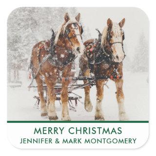 Belgian Horse Team Wintery Christmas Scene Square Sticker