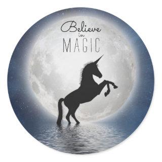 "Believe in Magic" Black Unicorn Moonlight Classic Round Sticker