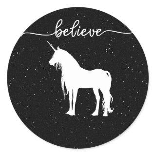 Believe in Unicorns Design Starry Sky Background Classic Round Sticker