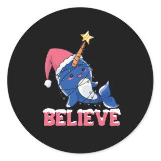 Believe Narwhal Christmas Snow Fairy Lights Classic Round Sticker