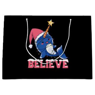 Believe Narwhal Christmas Snow Fairy Lights Large Gift Bag