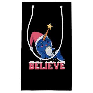 Believe Narwhal Christmas Snow Fairy Lights Small Gift Bag