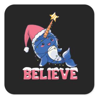 Believe Narwhal Christmas Snow Fairy Lights Square Sticker