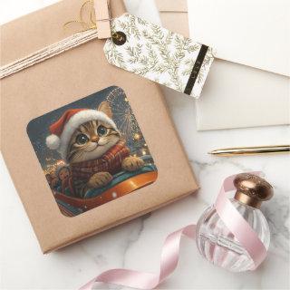 Bengal Cat Roller Coaster Christmas Square Sticker