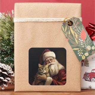 Bengal Cat with Santa Claus Festive Christmas Square Sticker