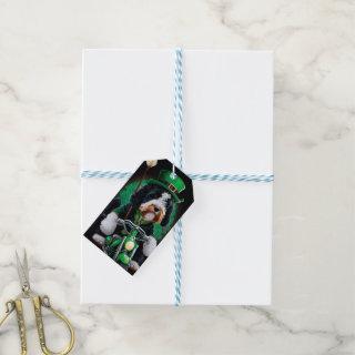 Bernedoodle Dog driving bike St. Patrick's Day Gift Tags