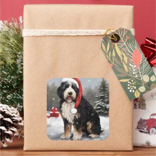 Bernedoodle Dog in Snow Christmas  Square Sticker