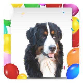 Bernese Mountain Dog Colorful Balloons Birthday Square Sticker